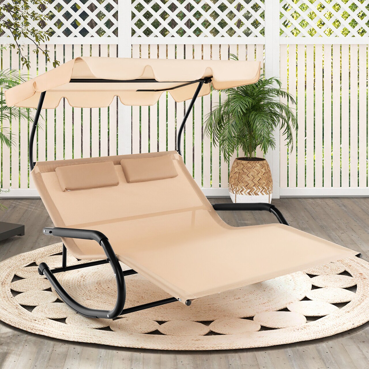Gymax Outdoor 2-Person Double Rocking Chaise Lounge w/ Canopy and Wheels Metal Frame
